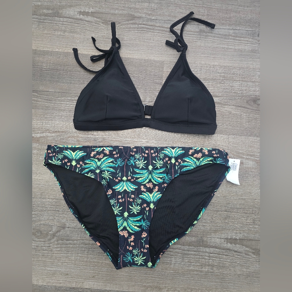 Old Navy bikini swimsuit bathing suit Hawaiian tropical bottoms black top size L